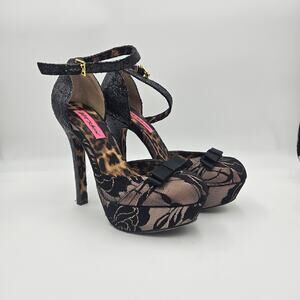 Betsey‎ Johnson Womens 7M Viki-G Pumps Platform Stiletto Ankle Strap Leopard